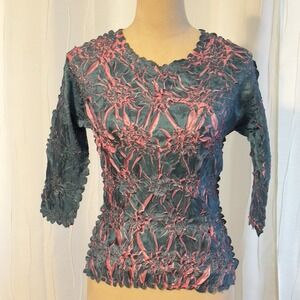 Origami Magic Scarf 3/4 Sleeve Crinkled Blouse One Size Retro Y2K Pink Aqua Blue